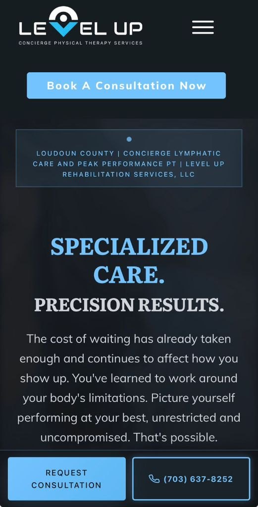 Level Up Physical Therapy website, mobile view